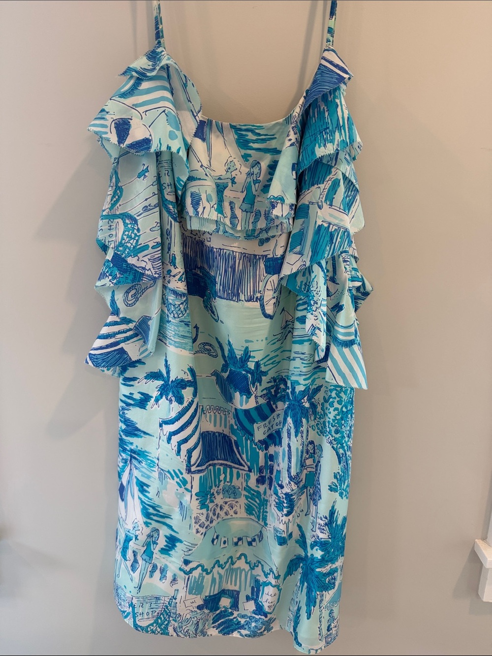 Lilly Pulitzer Aqua and Navy Tropical Ruffle Silk Dress